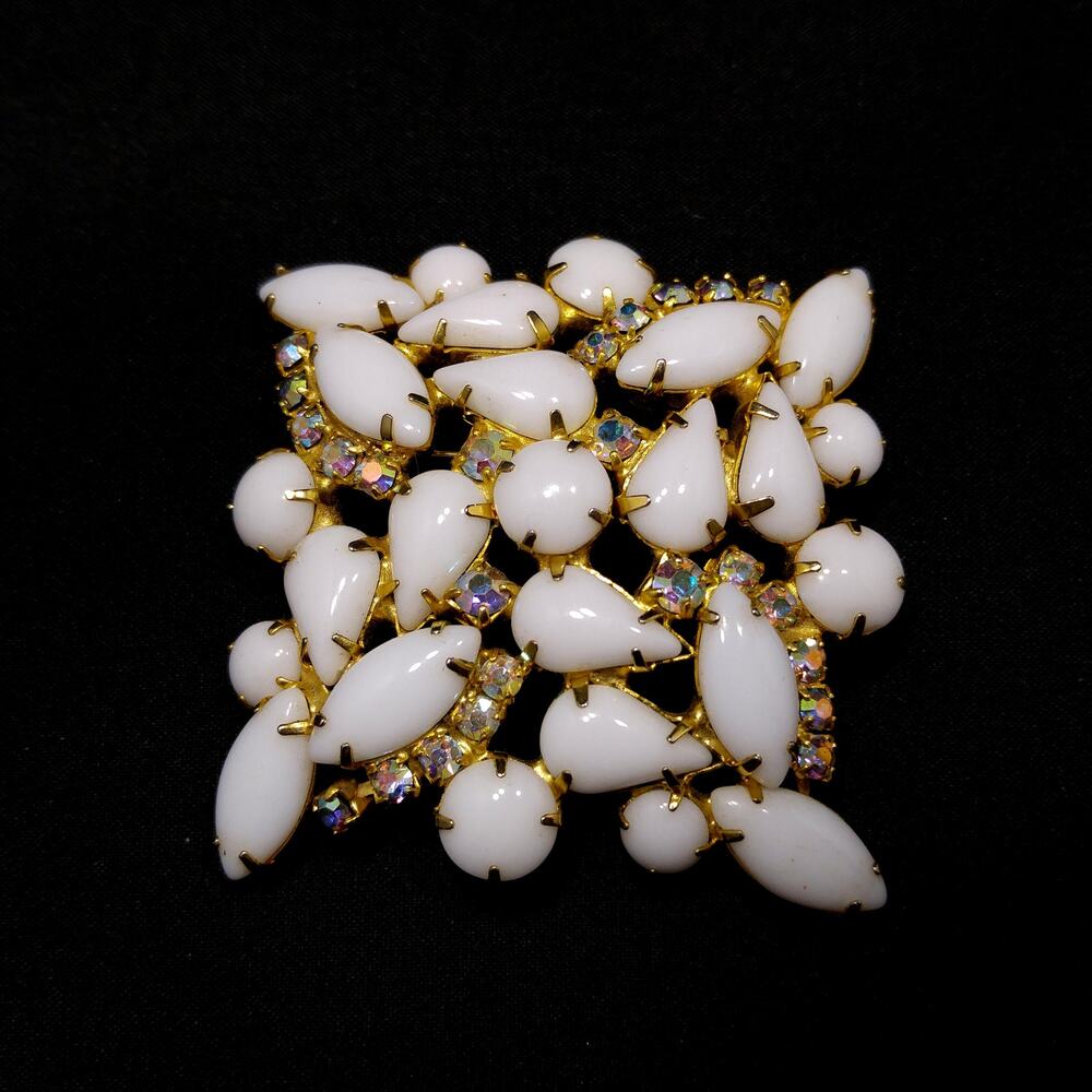 White Milk Glass AB Rhinestones Brooch, Aurora Borealis, Gold Plated, Vintage